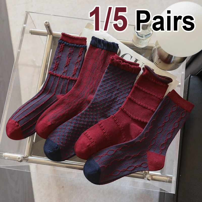 1/5 Paar Angora Red Rolled Edge Damen-Mid-Tube-Socken, modischer Retro-Stil, weich und bequem, für alle Jahreszeiten, Freizeitsocken