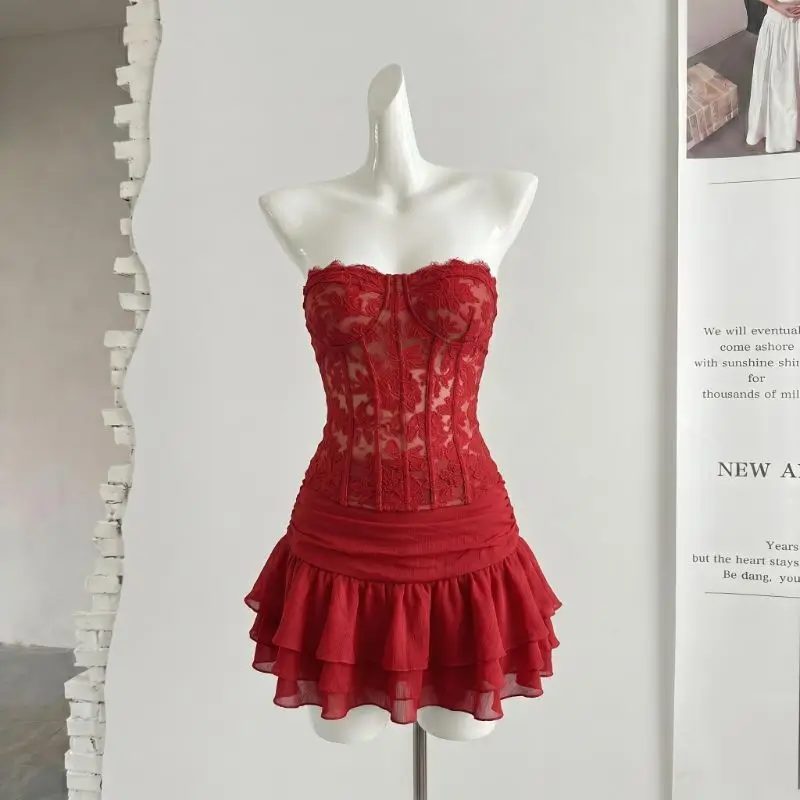 

Summer Sexy Red Seaside Women 2 Piece Set Lace Built-In Bra Corset + High Waist A Line Tiered Ruffle Skirt Party Birthday Outfit