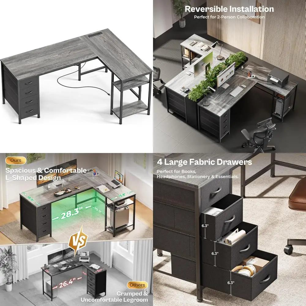 

55 Large L-Shaped Fabric Drawer Gaming Desk with Reversible Surface, Power Outlets, and USB-C Port