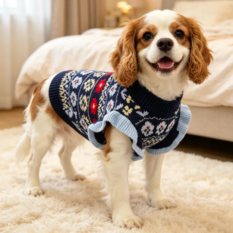Vintage Floral Dog Sweater Cute Soft Dog Clothes Ruffle Cuff Puppy Knit Pullover Winter Warm Cat Sweater Pet Coat Bichon Outfits