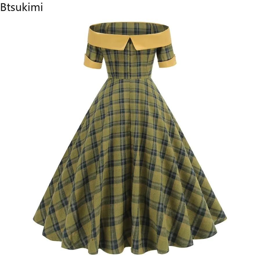 2025年新作 ヘップバーン風 レトロ オフショルダー チェック柄 ロカビリー ドレス ヴィンテージ サマー エレガント イブニング クリスマス パーティー ドレス レディース