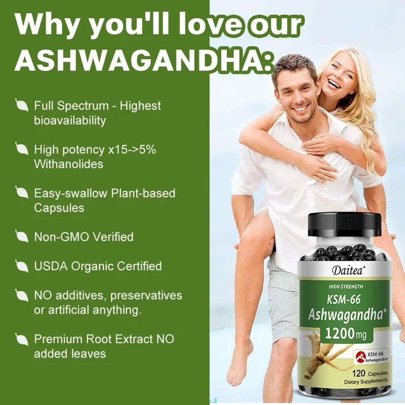 Ashwagandha Capsules 1200 Mg - Stress Mood Formula, Energy and Focus Booster, 120 Vegetarian Capsules