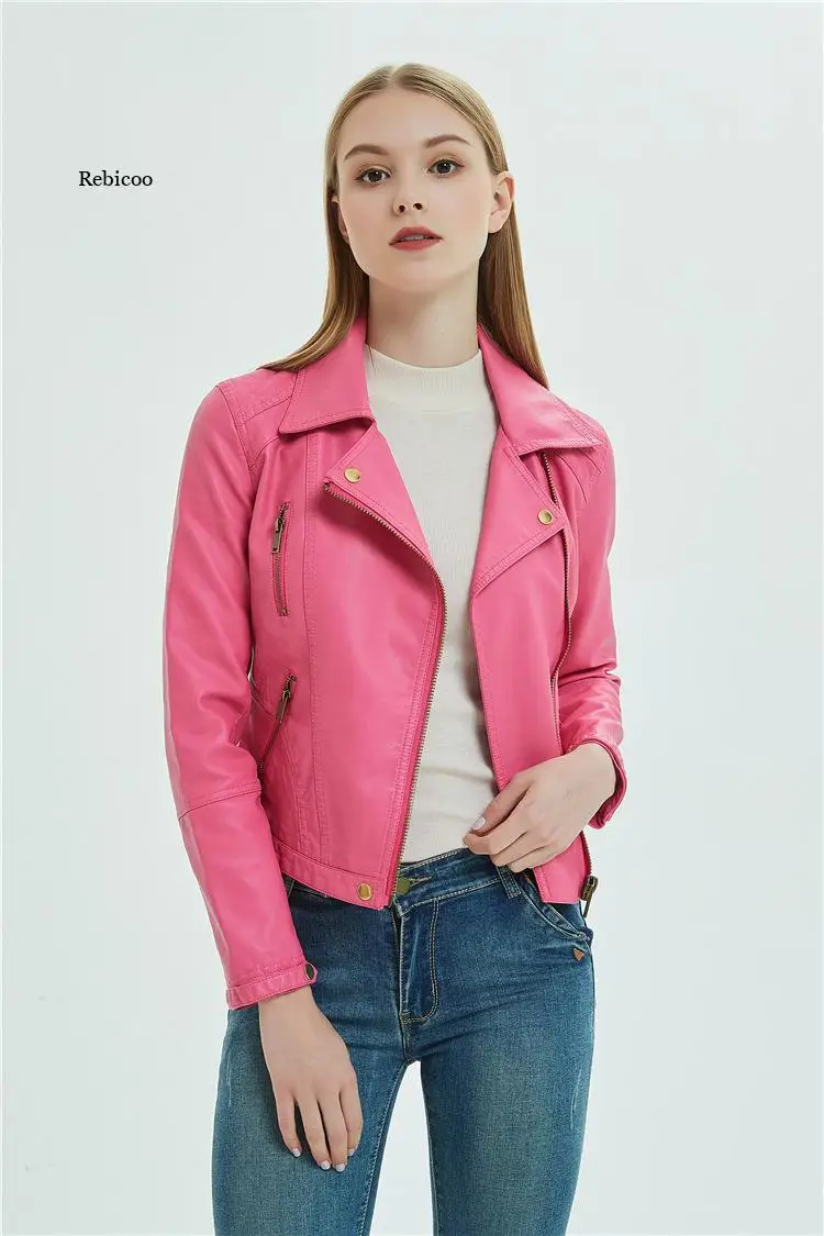 Women Motorcycle Faux Leather Jackets Ladie 2022 New Short Pink PU Jacket Autumn Biker Streetwear Black Slim Zipper Coat