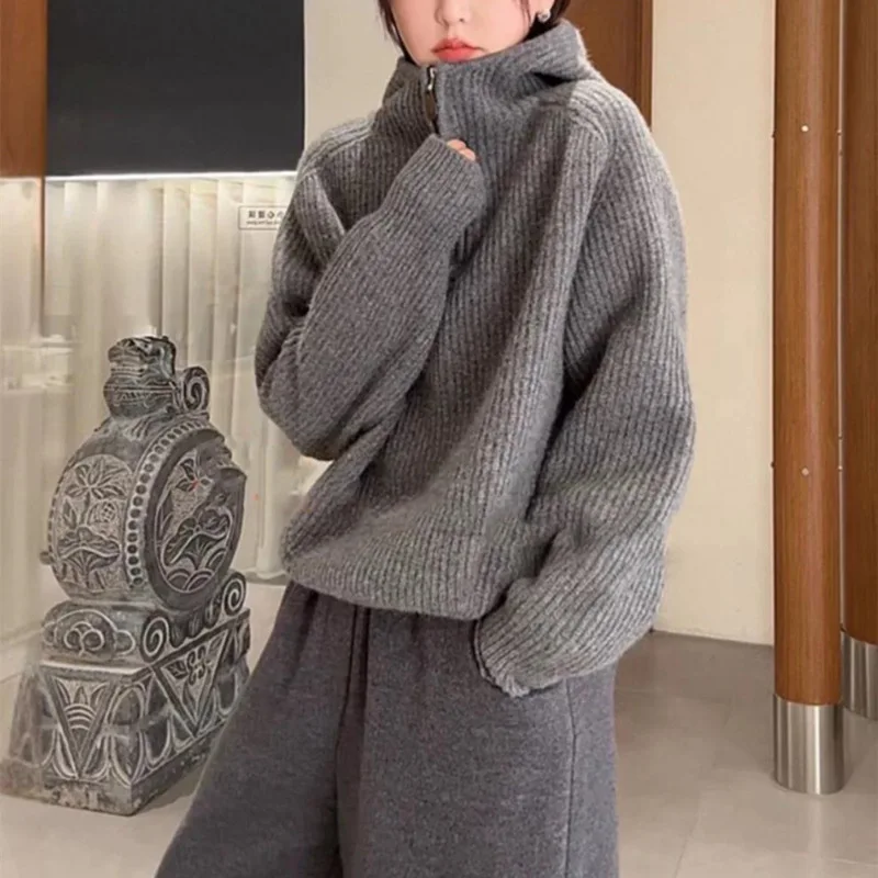 خريف شتاء جديد وصول مريحة أعلى فضفاضة طويلة الأكمام سستة هوديي المرأة محبوك سترة عارضة نمط لون نقي