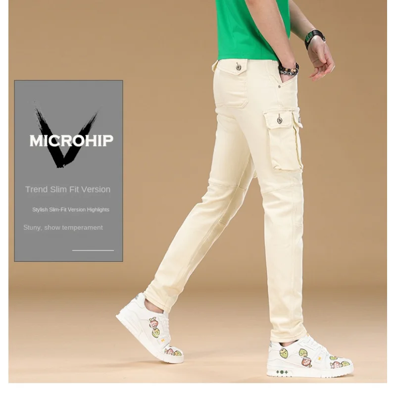 

Облегающие и модные белые мужские джинсы, новый стиль осени 202, стильные и эластичные брюки с несколькими карманами, маленькие брюки