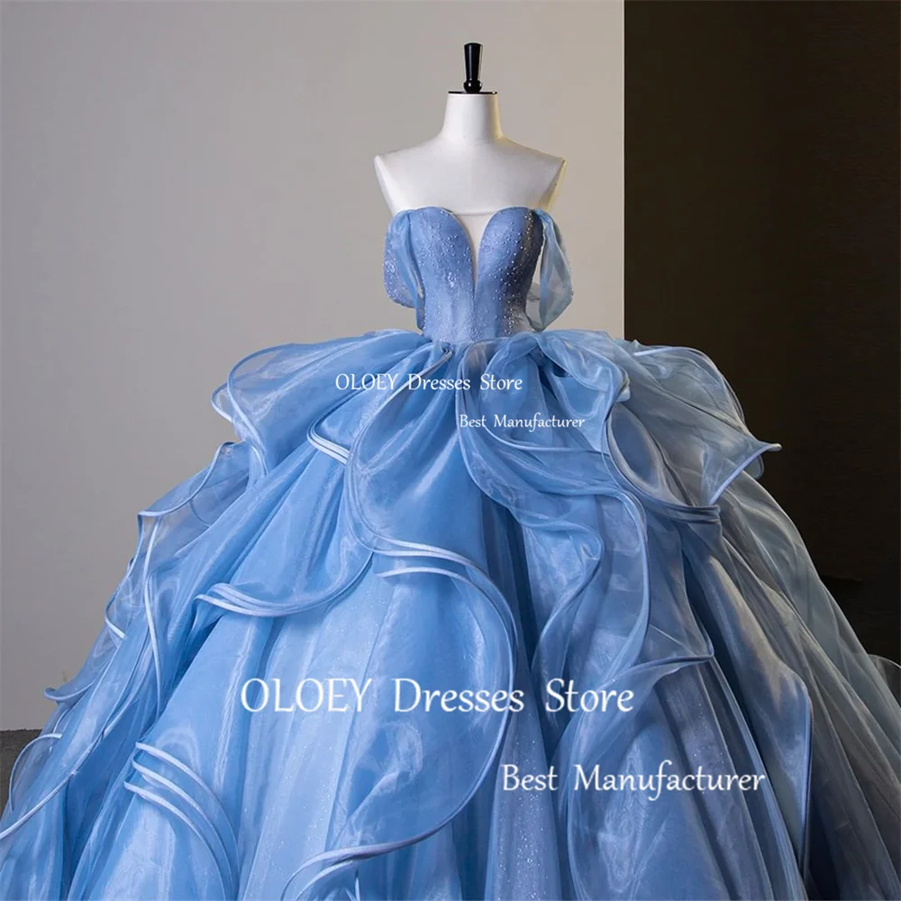 OLOEY Glitter Blue Quinceanera Dress Off Shoulder Wedding Dress Silky Organza Mexico 15 18 Ball Gown Pleats Lace Up Custom Made