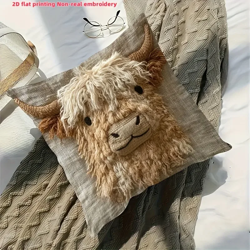 Cute Highland Cow Design 2D Flat-Printed Pillow Cover for Home Decor Sofa cushion cover, home decoration, 2D printing