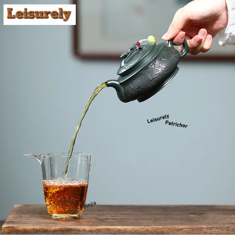 320ml Yixing Purple Clay Teapots Handmade Ruyi Pine Crane Pot Raw Ore Blackish Green Mud Kettle With Filter Zisha Tea Set Gift