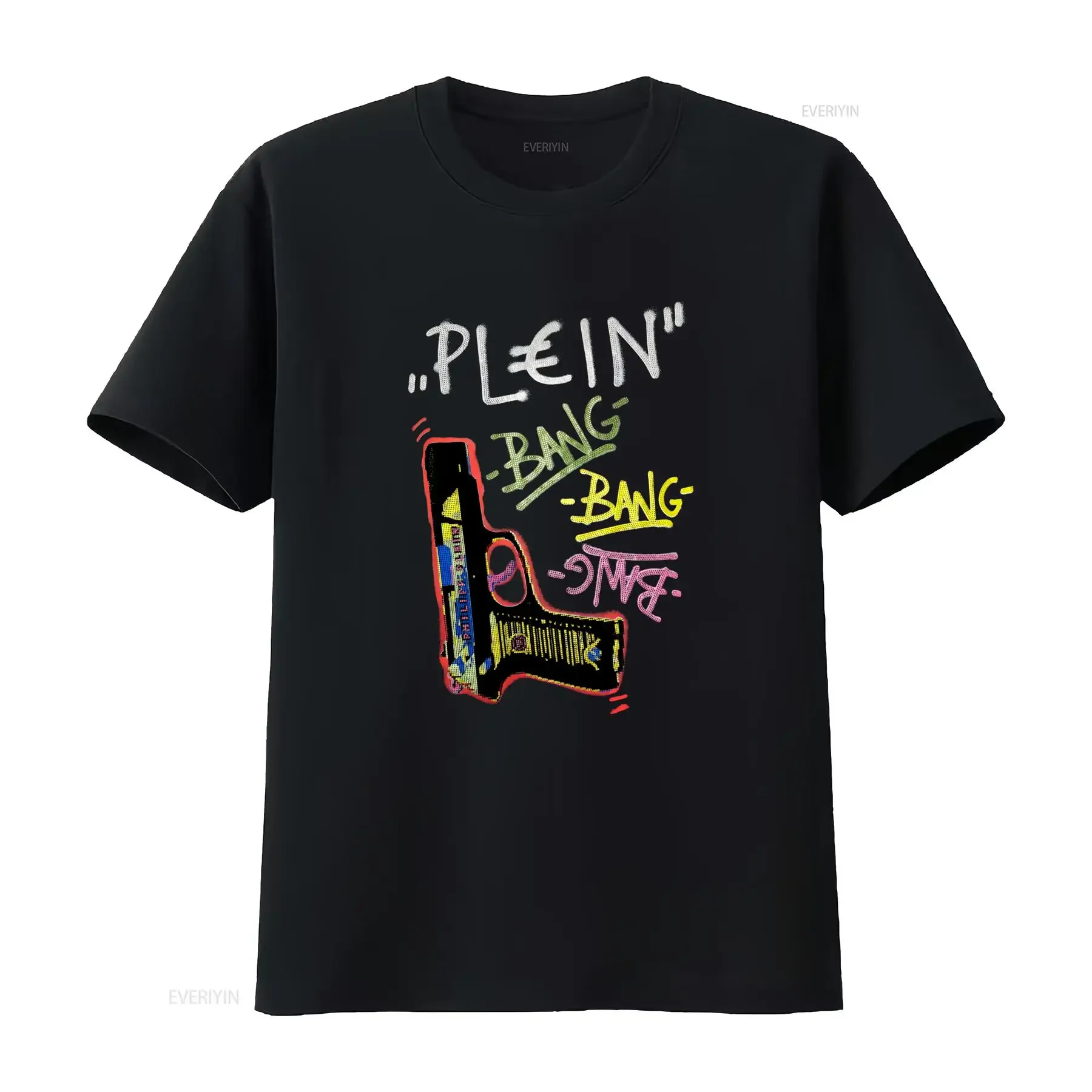 Schwarzes Baumwoll-T-Shirt mit auffälligem Plein-Print im Graffiti-Stil, französischer Text, Rundhalsausschnitt, leicht, Vintage-Look