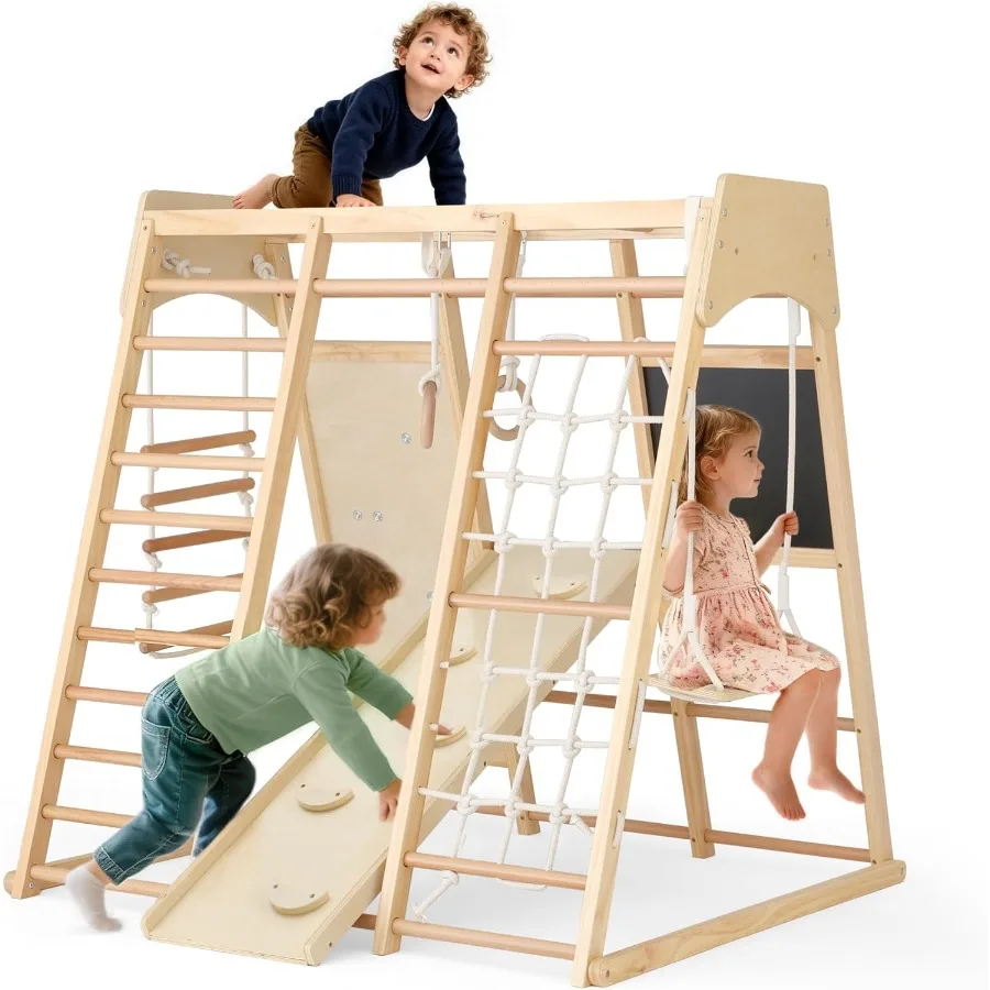 

Indoor Jungle Gym 10 in 1 Wooden Montessori Climbing Set with Swing Slide Climbing Net Monkey Bar Wood Rope Ladder Large Climbi