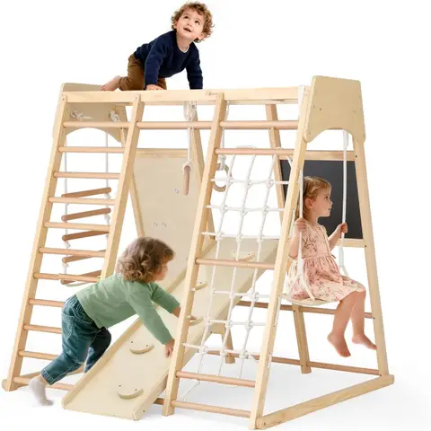 Indoor Jungle Gym 10 in 1 Wooden Montessori Climbing Set with Swing Slide Climbing Net Monkey Bar Wood Rope Ladder Large Climbi