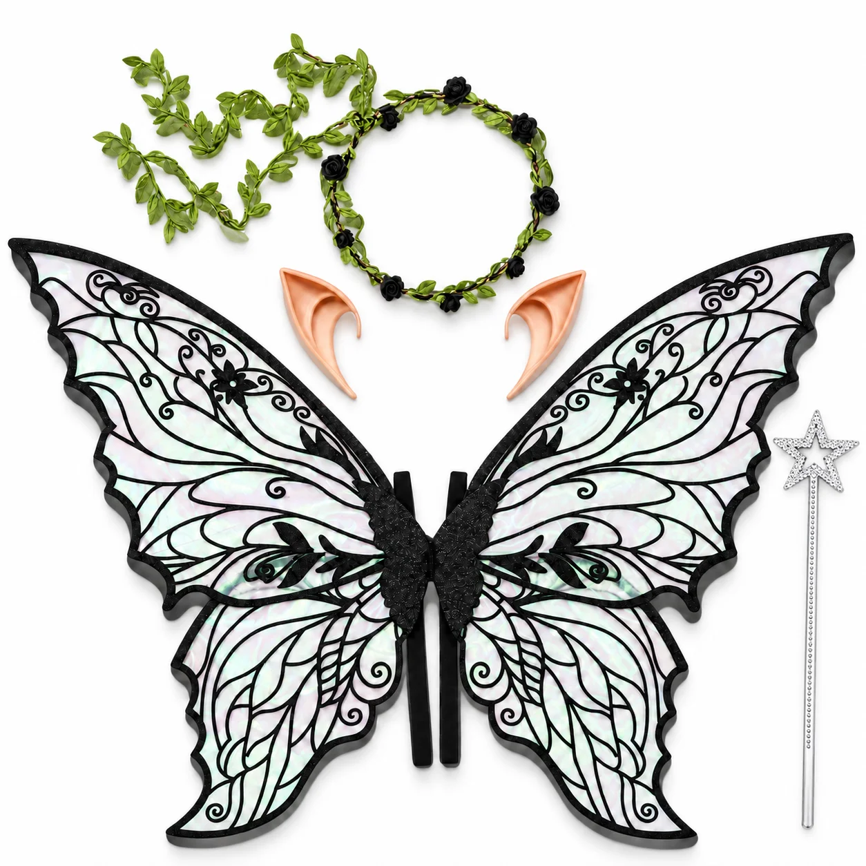 Fairy Costume Set for Women 4PCS Iridescent Butterfly Wings Flower Crown Elf Ears Star Wand for Halloween Cosplay Party