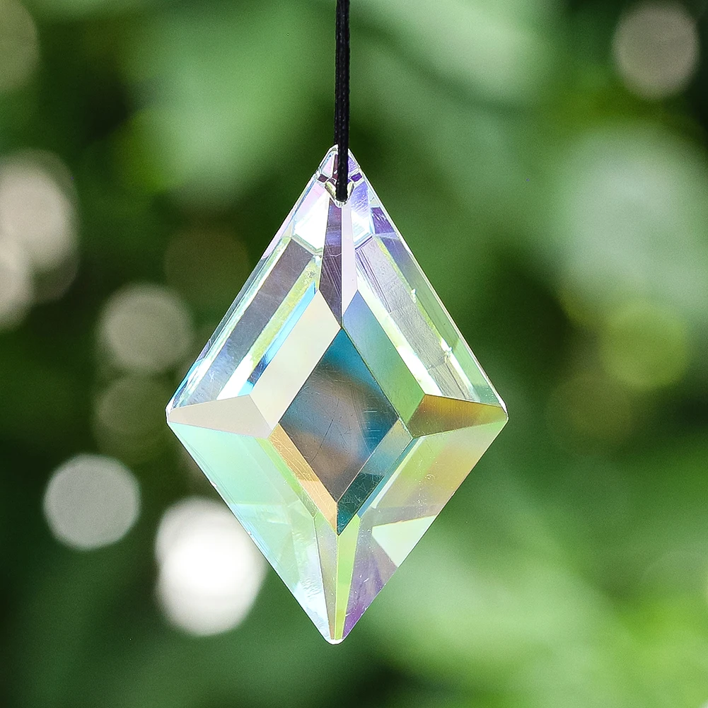 63mm AB Rhombic Crystal Hanging Pendant Glass Art Prism Faceted Suncatcher Rainbow Maker Outdoor Garden Decorative Accessories