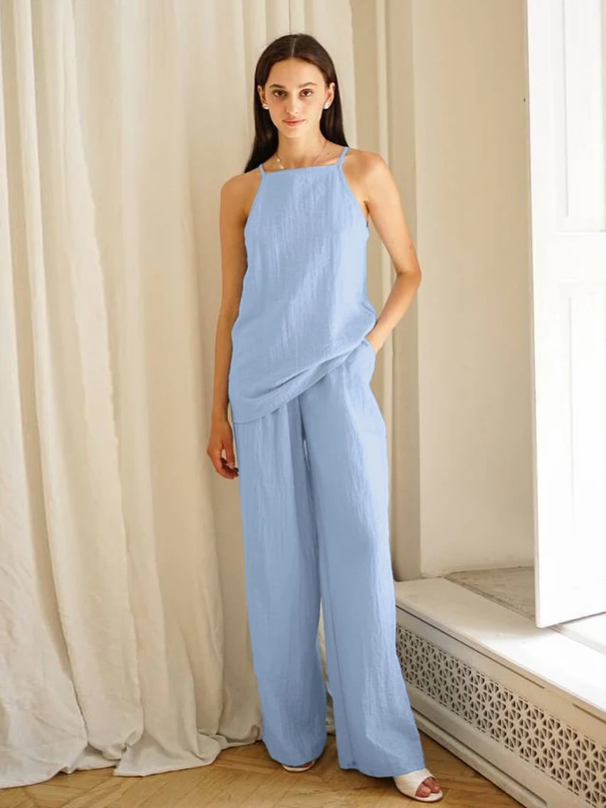 Marthaqiqi Casual Female Nightgowns Set Spaghetti Strap Pajamas Tank Top Sleepwear Sleeveless Nightie Pants Loose Nightwear Suit