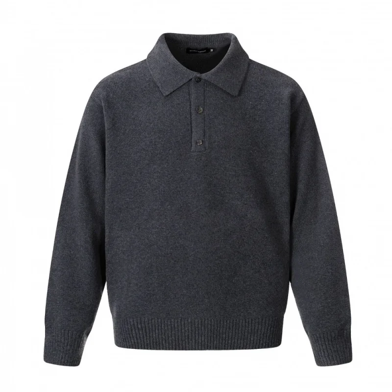 Men's Gray Polo Collar Sweater, 2025 Autumn New Soft Knitted Button-Down Casual Office Wear Top