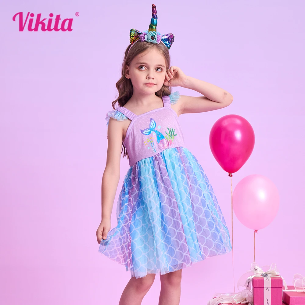 VIKITA Kids Sling Suspenders Summer Dresses Girls Mermaid Print Dress Girls Birthday Party Vacation Beach Casual Princess Dress