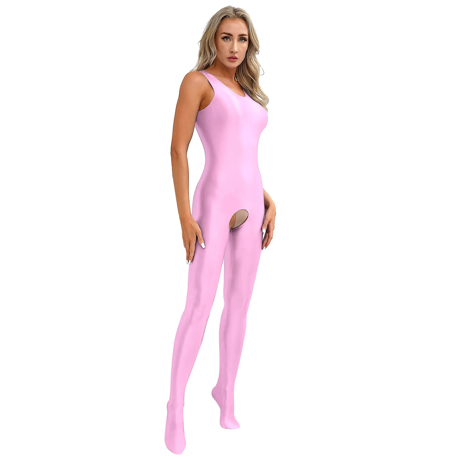 

Womens Smooth Full Body Nylon Open Crotch Bodysuit Underwear U Neck Sleeveless Leotard Jumpsuits Glossy Stretchy Solid Unitard