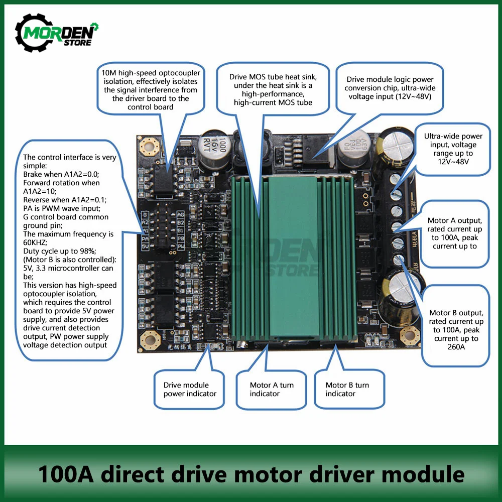 DC 12V~48V 100A High Power H-bridge DC Motor Controller Drive Module High Frequency H-bridge Dual Channel Motor Module Driver