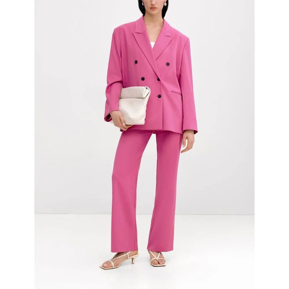 

Pink Double Breasted Notched Women Set New Female Two Pieces (Blazer+Trousers) Formal Evening Party Suits Daily Office Lady Set