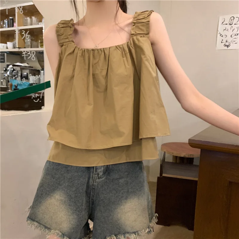 Chic Women Tank Top Summer Clothes 2024 New Korean Popular Style Female Casual Sleeveless Layered White Khaki Tops Vest