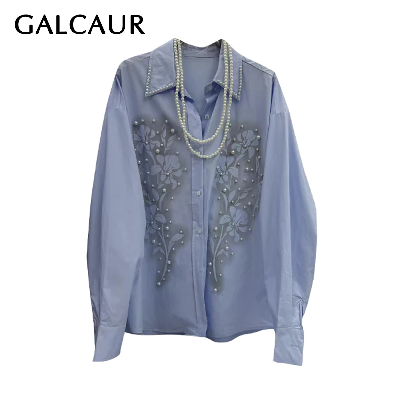 

GALCAUR Solid Slimming Spliced Pearl Blouses for Women Lapel Long Sleeves Patchwork Single Breasted Top Female Clothing Style
