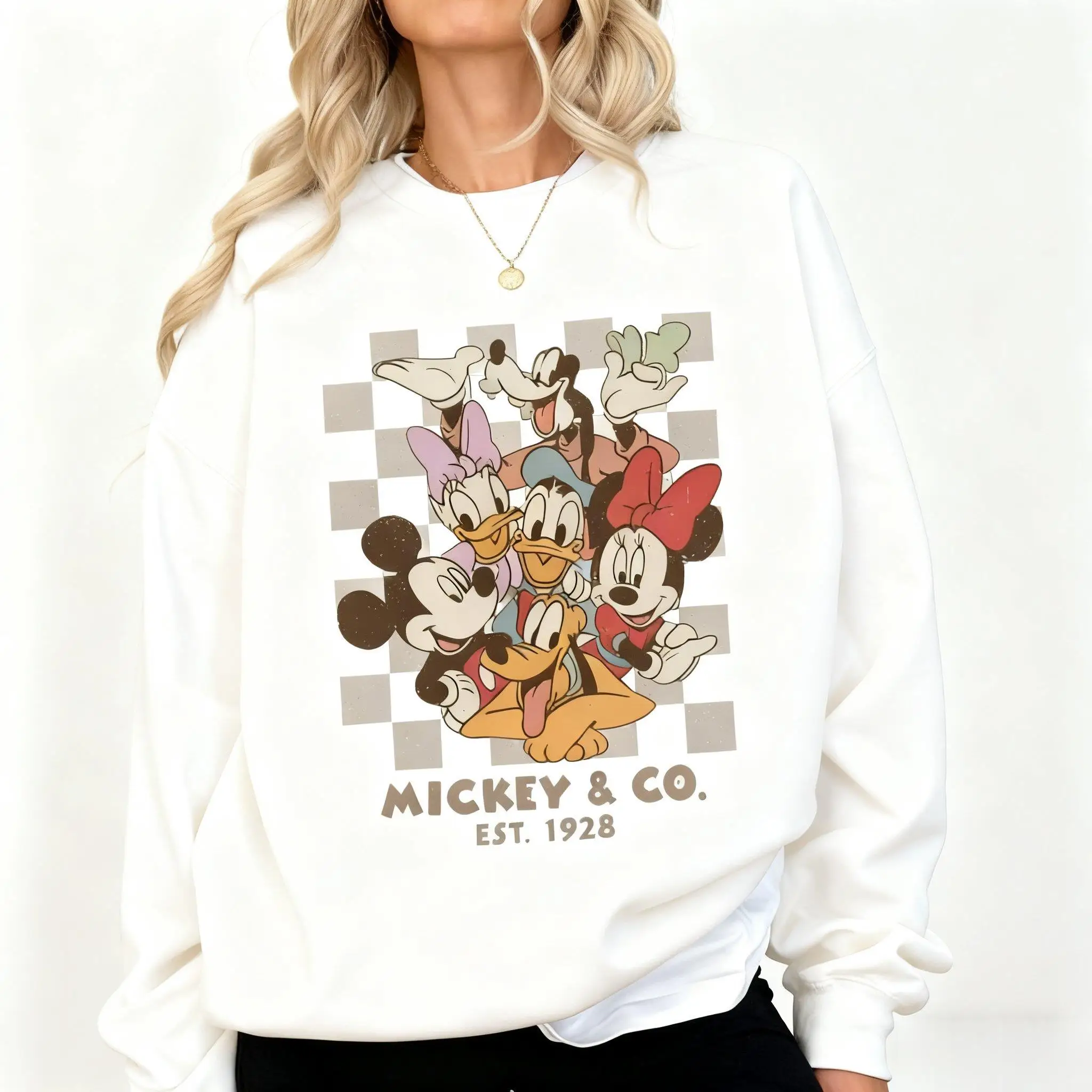 خمر ديزني ميكي ماوس Crewneck البلوز المرأة فضفاضة عادية كم طويل البلوز سترة الشارع الشهير الخريف الشتاء جديد