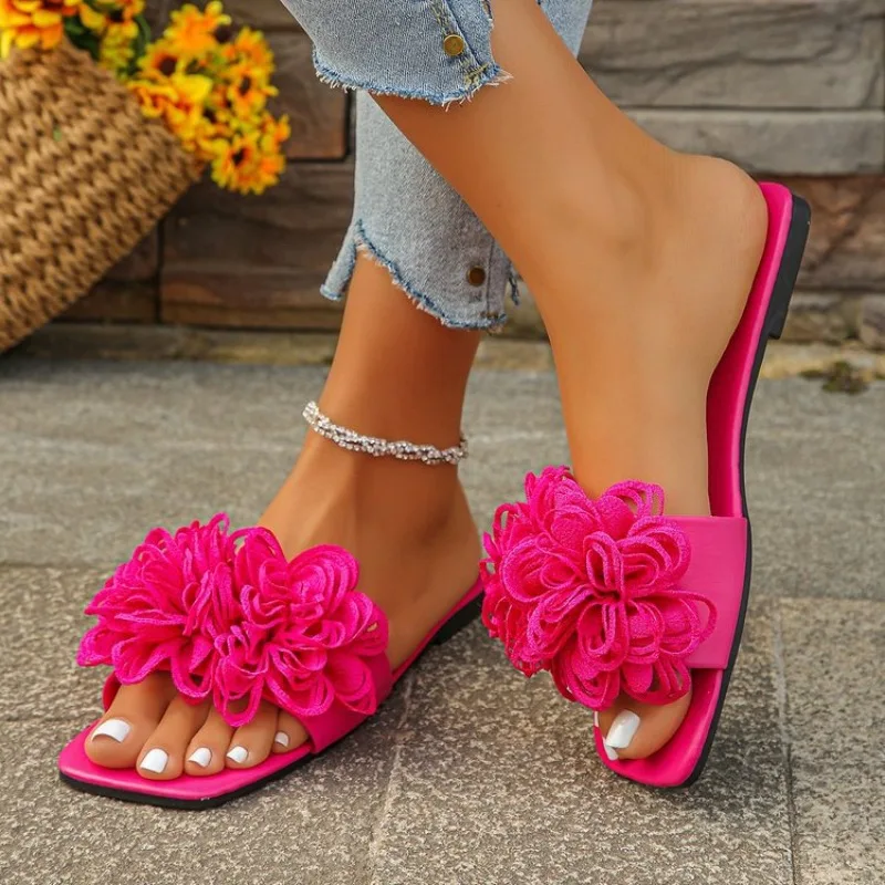 

Crochet Flower Slide Sandals Woman Summer Pink Blue Floral Mule Slippers Ladies Rainbow Color Outdoor Vacation Slip-on Flat Shoe