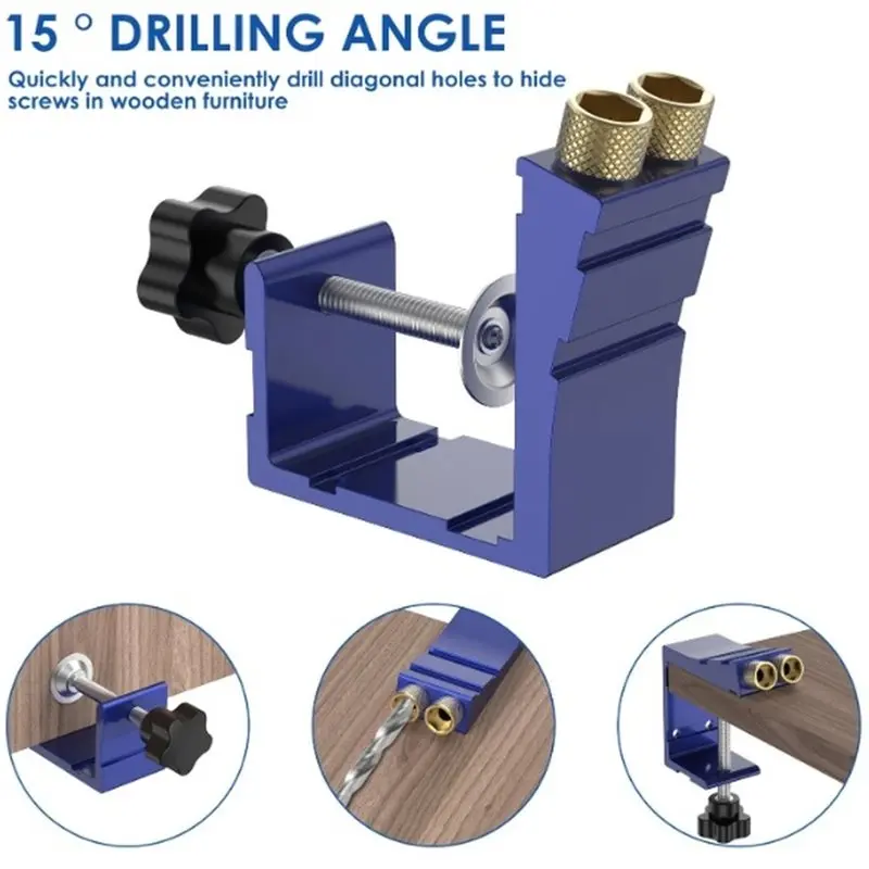 YLS-Woodworking 15° Adjustable Angle Hole Positioner Set(1Set), Drilling Tool Blue