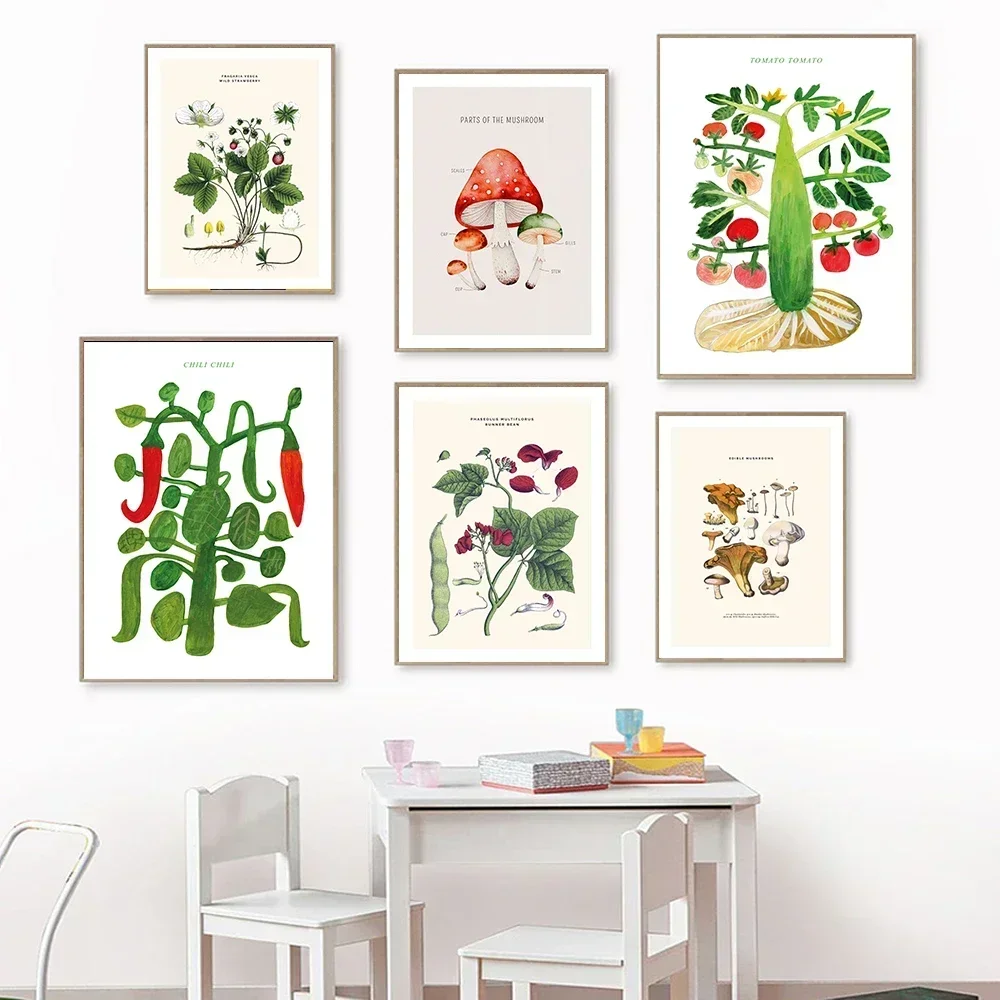 Wall Art Canvas Painting Fruit Vegetables Prints Mushroom Guide to Produce Chili Plants Poster Picture for Kitchen Home Decor