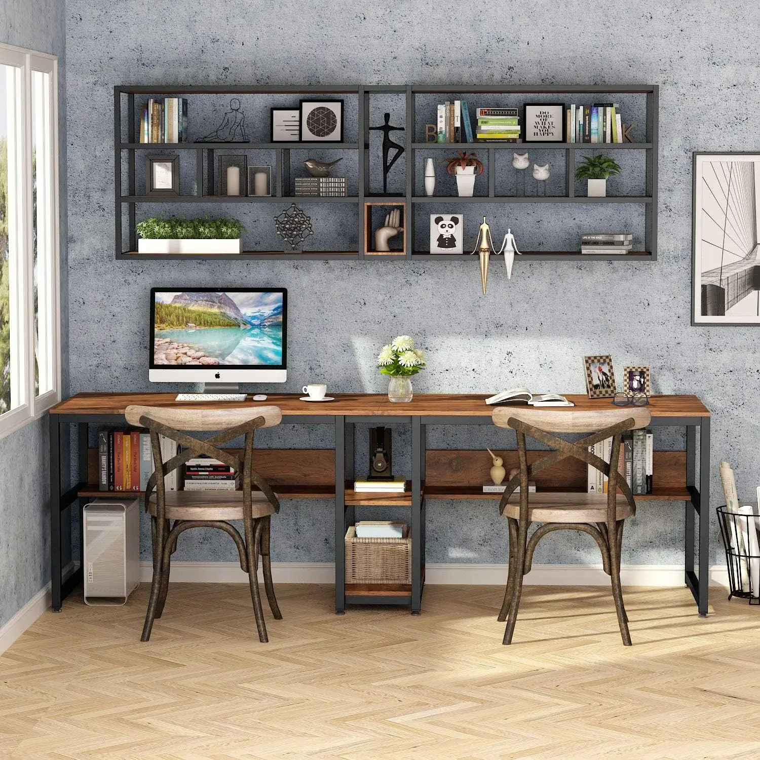 Two Person Desk With Bookshelf, 78.7 Computer Office Double Desk For Two Person, Rustic Writing Desk Workstation With