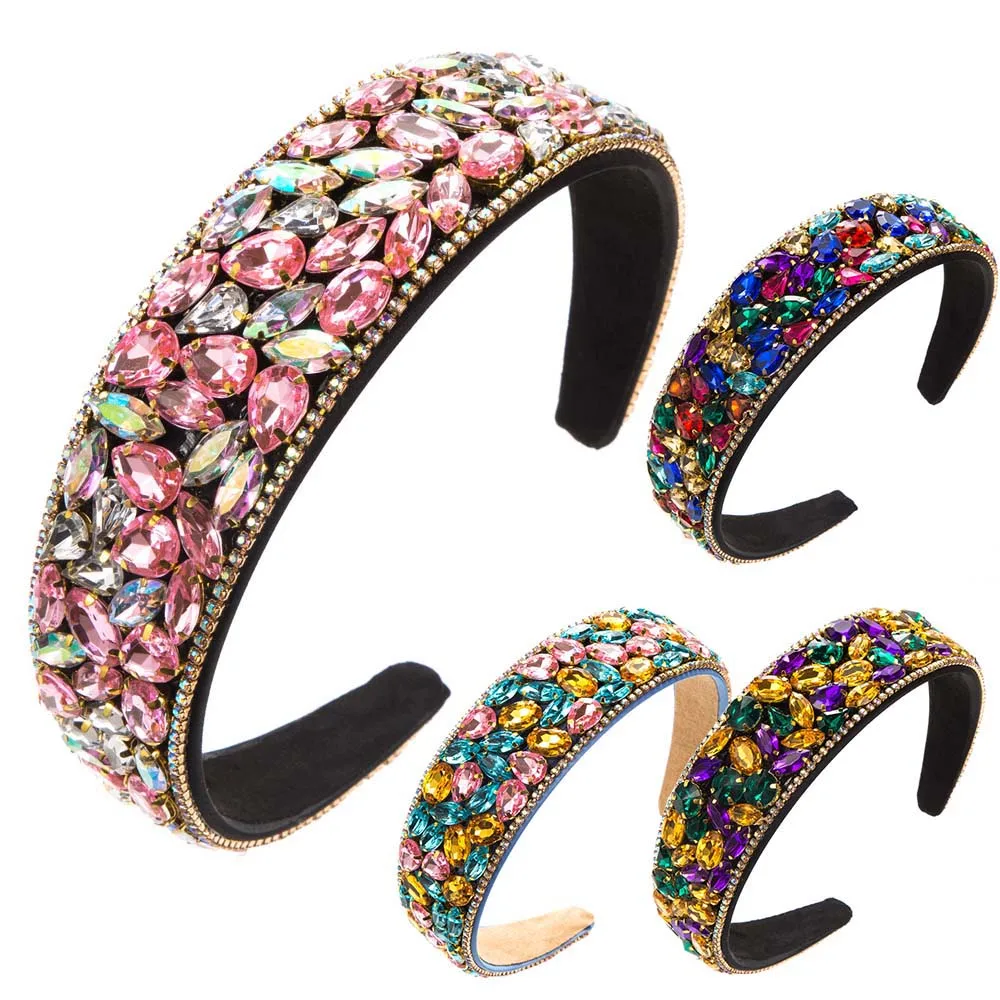 

New Fashion Full Rhinestone Retro Wide Headband Bohemian Colorful Crystal Headbands For Women Sponge Non-Slip Hair Hoop Headwear