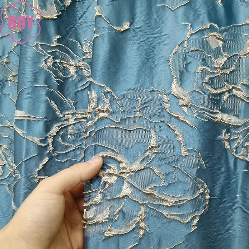 

Blue Grey Rose Relief Jacquard Thickened Curtains for Living Room Bedroom French Window Balcony Partition Curtain Villa