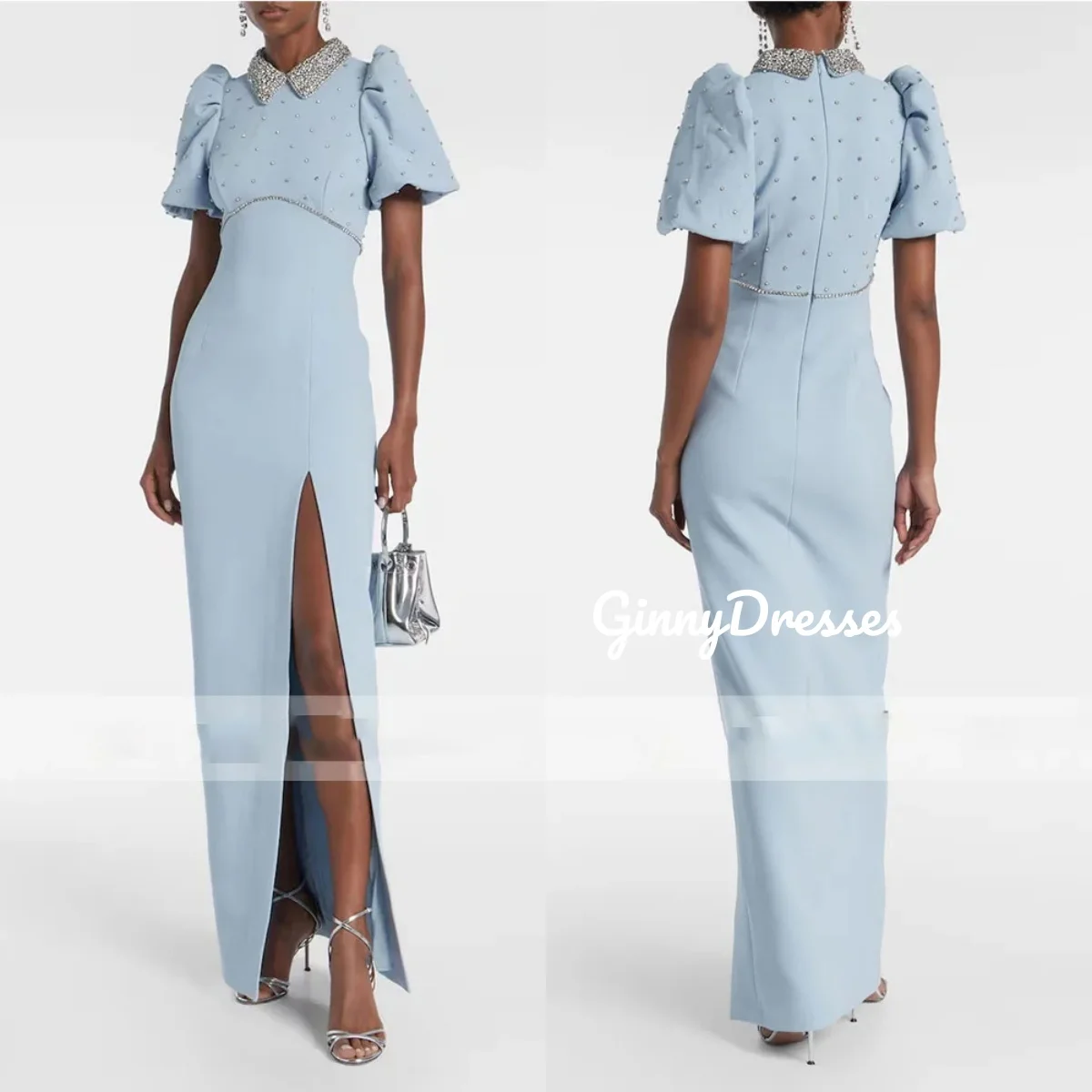 

Вечернее платье с круглым вырезом на заказ, элегантные вечерние платья трапециевидной формы с разрезом для женщин, длиной до пола, с бусинами, на молнии, с коротким рукавом