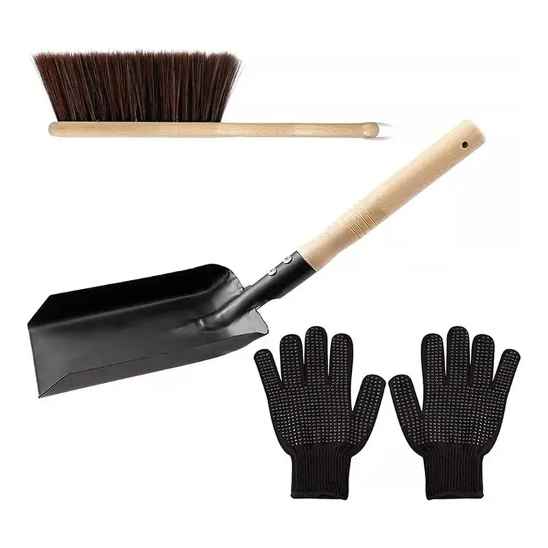 ABKW-Hearth Brush Set Kit Silicone Gloves,Fireplace Shovel Hand Shovel And Brush Wooden Handles Coal Fireplace Tool Set For Home