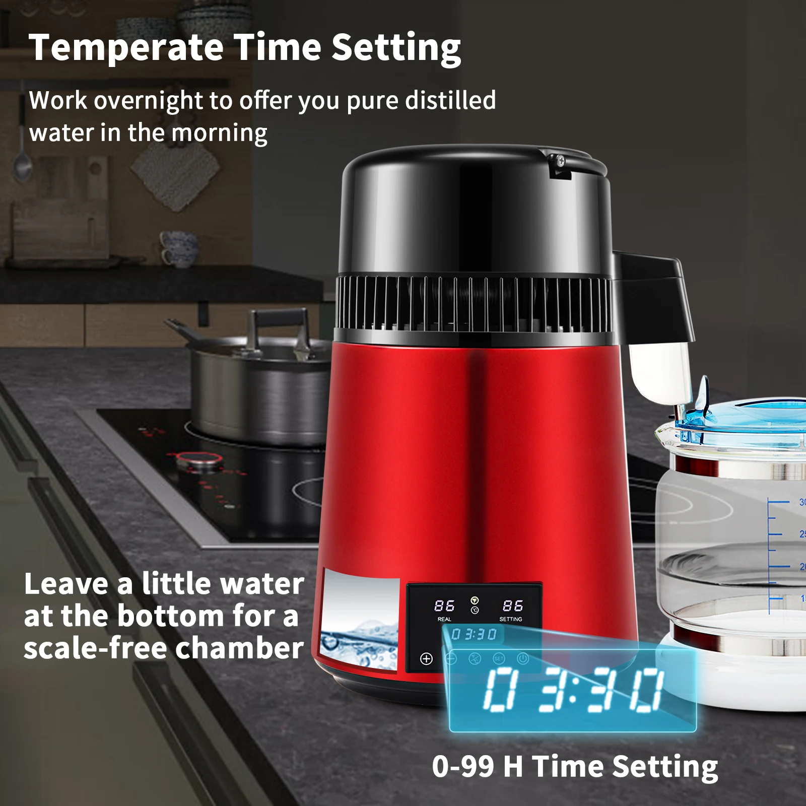 SucceBuy 1.1Gal جهاز تقطير المياه 0.3Gal/H 750W آلة صنع المياه المقطرة 0-99H توقيت عرض درجة الحرارة المزدوجة 304 الفولاذ المقاوم للصدأ