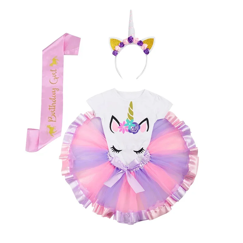 

Girls' Unicorn T-shirt Short Skirt Set With Headband And Satin children Rainbow Skirt Children's Clothing Set