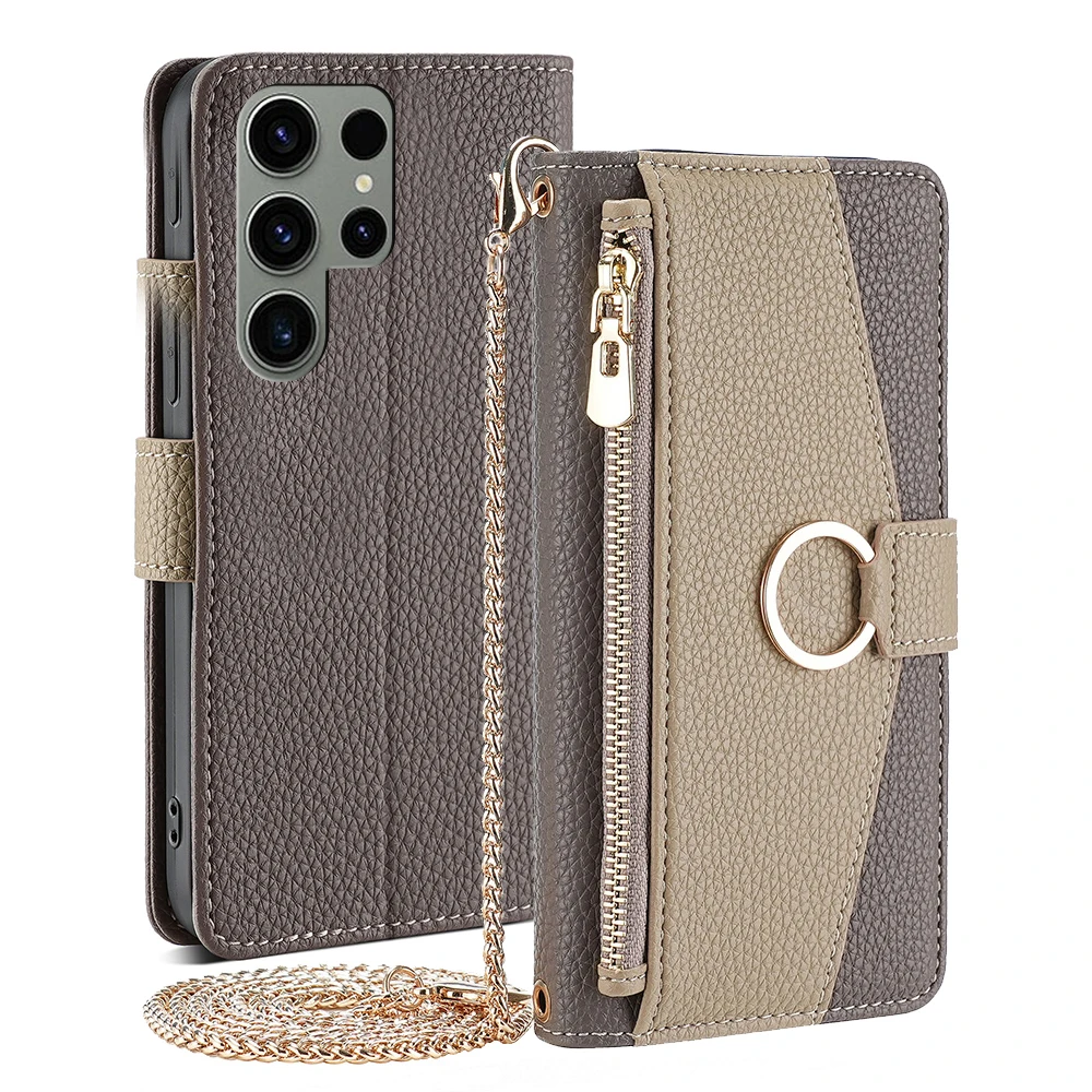 S24 FE Flip Leather Case for Samsung Galaxy S24 Ultra Plus S24+, Multi-Function Wallet Bag with Mirro Card Slots Long Strap