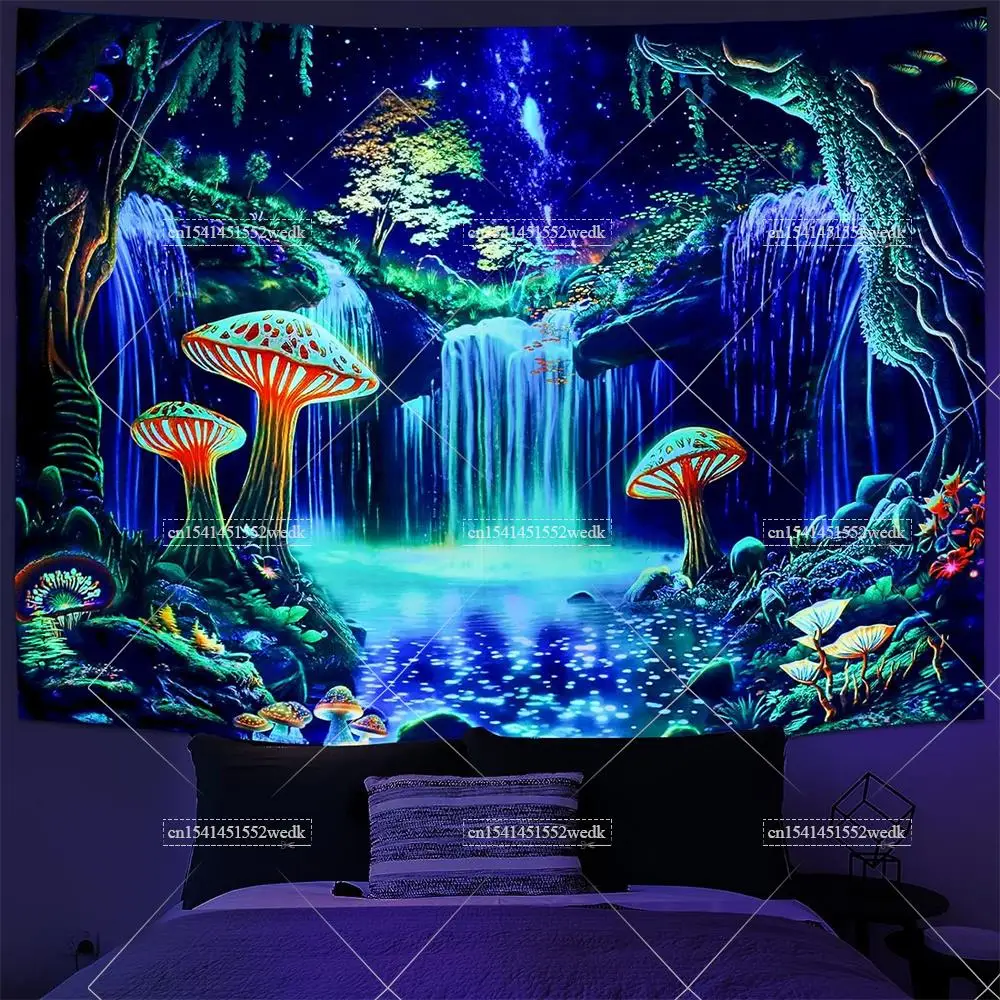 Blacklight Fantasy Forest Tapestry UV Reactive Glow In The Dark Trippy Starry Sky Tapestry Neon Wall Hanging Tapestrys For Room