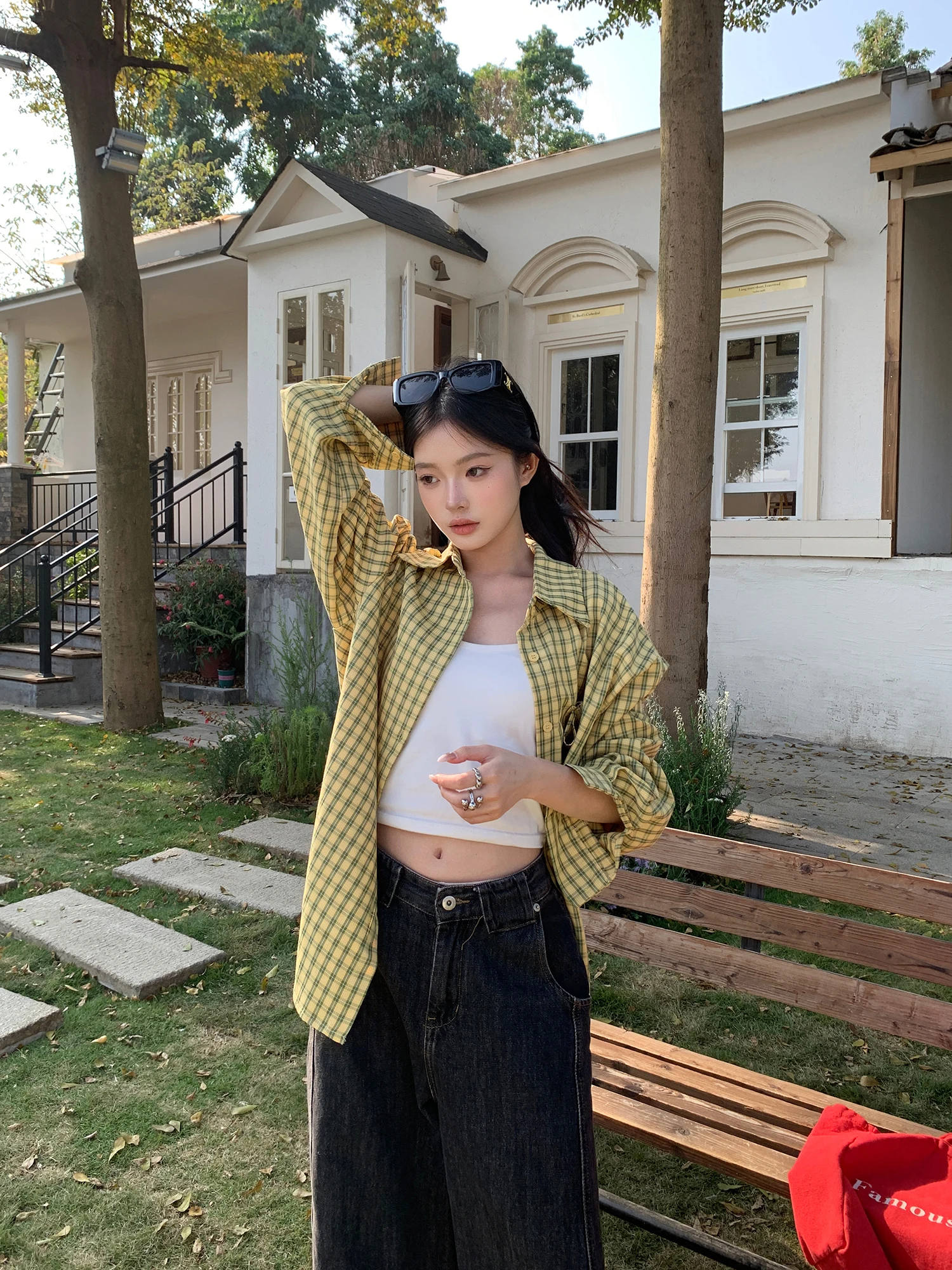 

Pepe's Home Vintage Yellow Plaid Long Sve Women's irt Korean Sle Loose Fit Button up Casual Outerwear