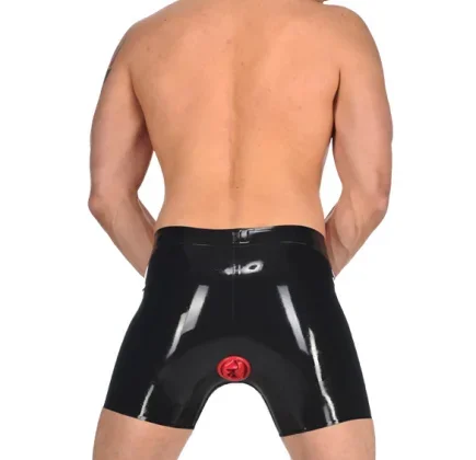 Latex Sexy Men Underwear with Attached Red Anal Sheath and Short Front Zip Gays Panties Wet Look Underpants Male Boxers