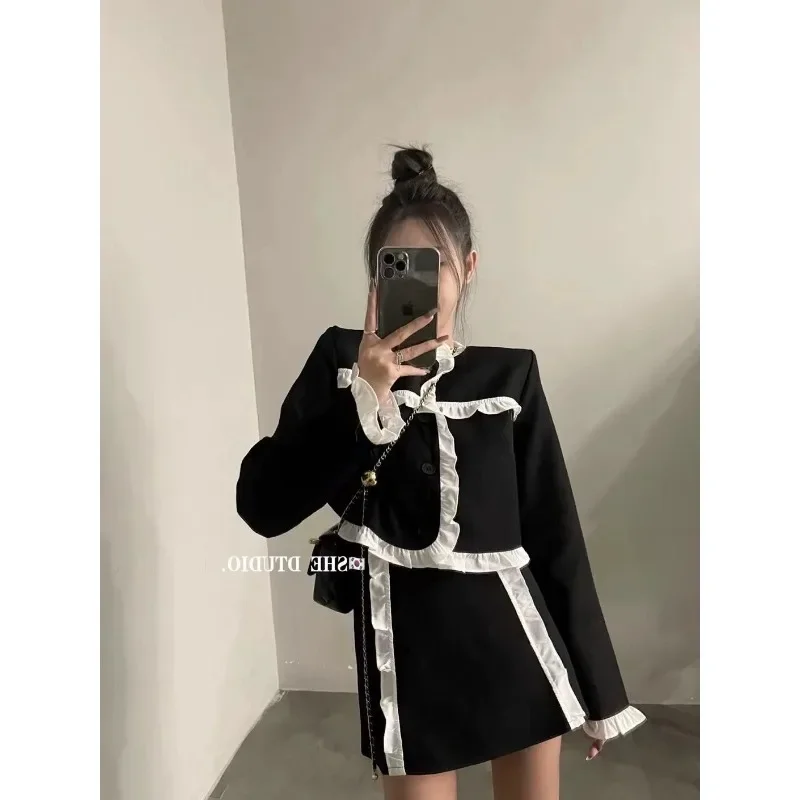 Insozkdg Skirt Suits Women Autumn Ruffle Panel Blazer Suits Coat Skirts Sets Vintage Crewneck Blaze Skirt Two-Piece Sets Women