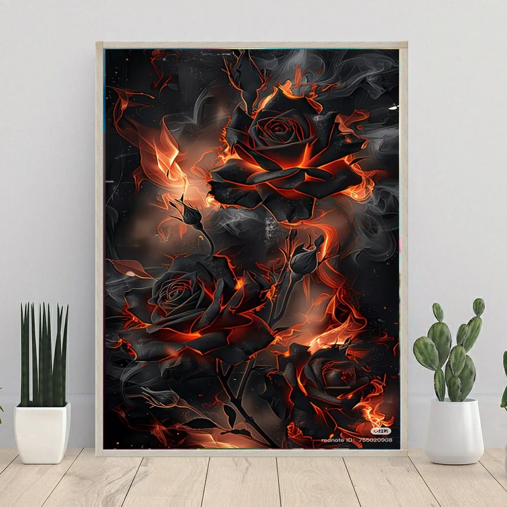 DIY Diamantmalerei, Schwarze Rose mit Brennender Flamme, Dunkelthema, Gotischer Stil, Mysteriöse Atmosphäre Mosaik-Kunstwerke