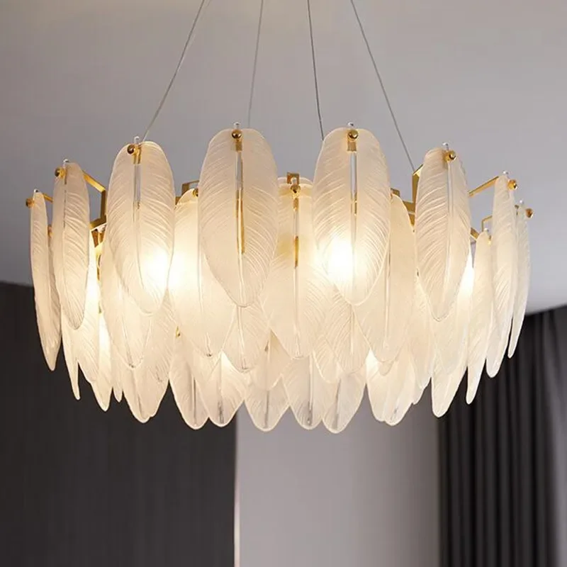 Artistic White Glass Goose Feather Designer Round Oval LED Chandelier Lighting Lustre Suspension Luminaire Lampen For Foyer