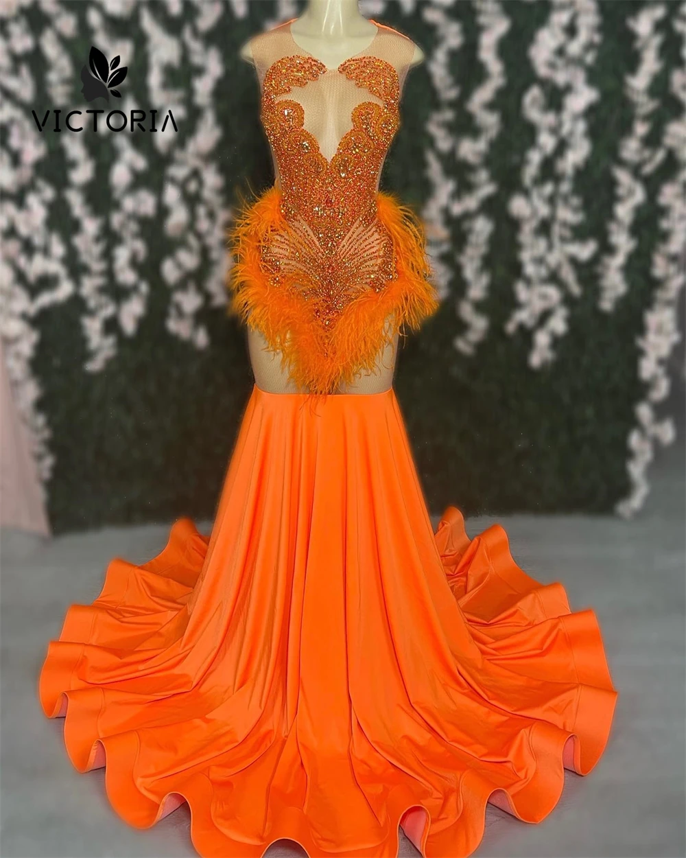 

Warm Orange Crystal Beading Prom Dresses Feathers 2025 Birthday Luxury Dress Mermaid Black Girls African Evening Gown Customized