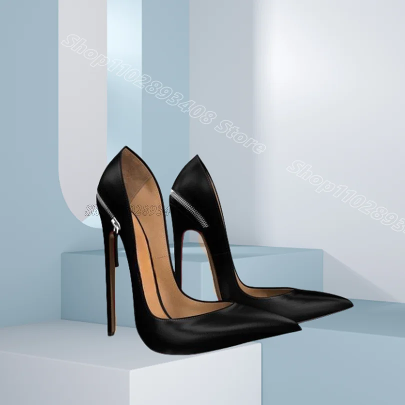 

Black Zip Decor Slip on Pumps Pointed Toe Stiletto Stylish Solid Spring Women for Casual Party Shoes 2025 Zapatos Para Mujere