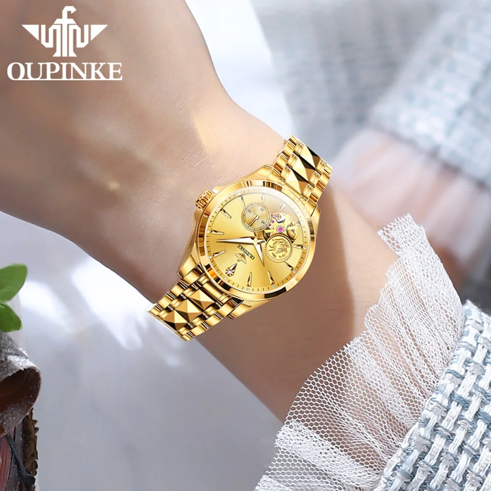 OUPINKE 3260 Gold Luxury Skeletor Womens Watches Automatic Mechanical Wrist Watch For Women Waterproof Tungsten Steel Strap