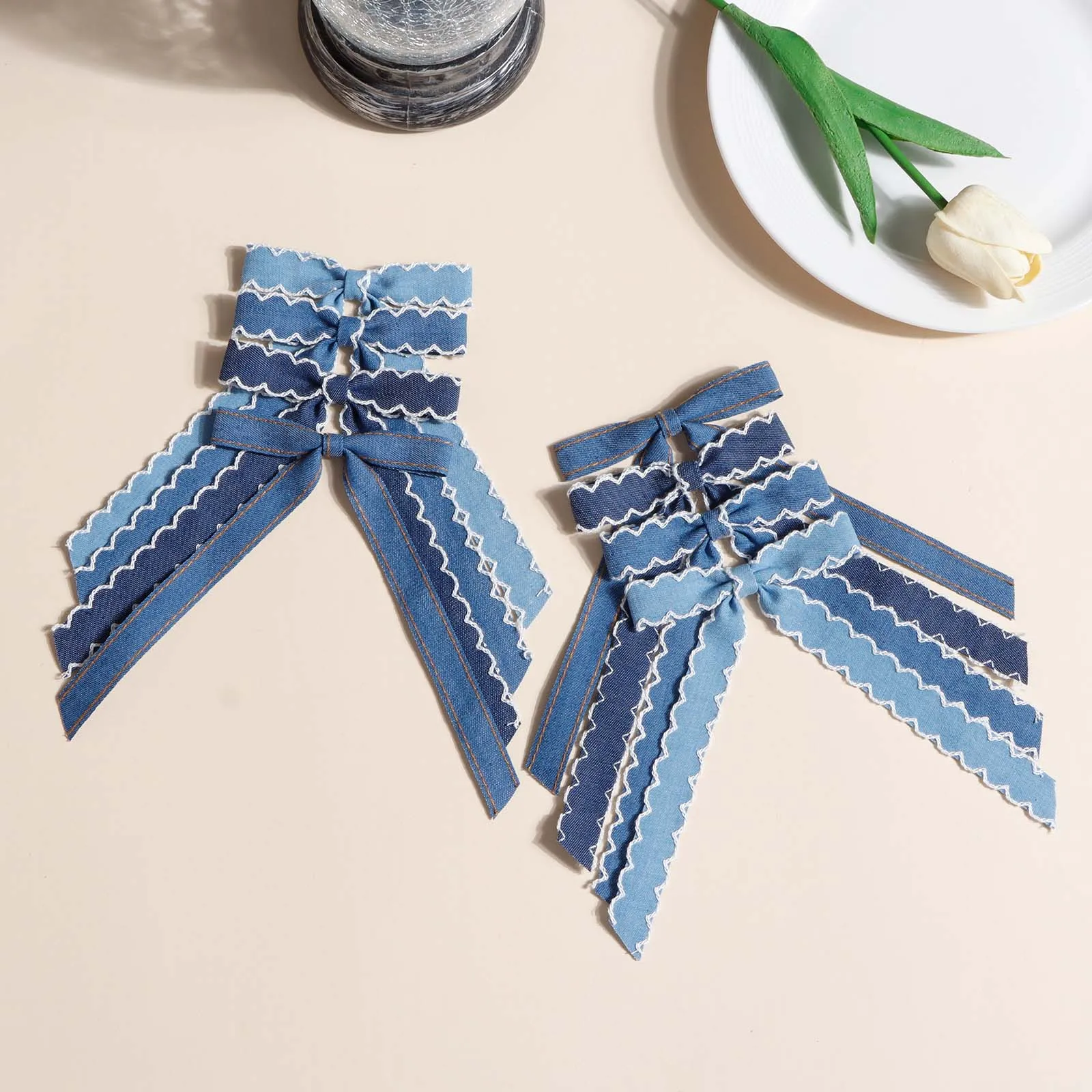 4pcs Blue Denim Long Tail Bow Hair Clip For Girl Ponytail Accessory Teenage Party Decor Elegant Barrettes Kid Ribbon Bow Hairpin