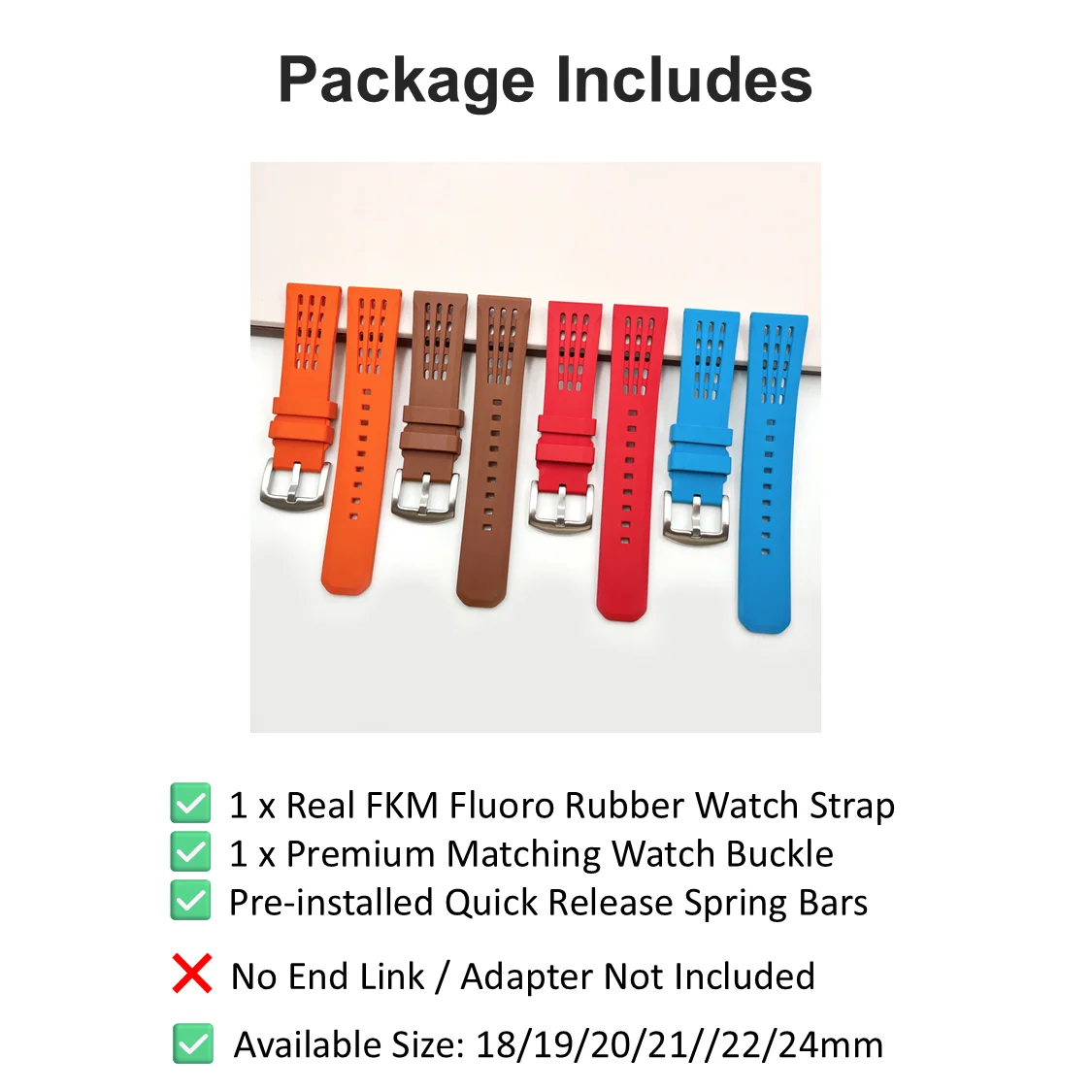Premium Tropical FKM Rubber Straps 18mm 19mm 20mm 21mm 22mm 24mm Quick Release Perfect Fit Flat End Universal Watch Strap