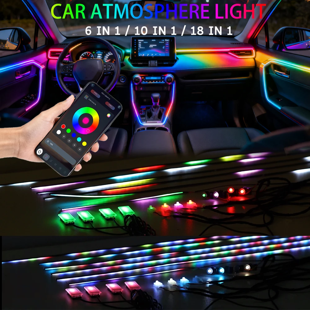 6/10/18 in 1 Auto-Ambientebeleuchtung 64 Farben RGB Symphony Streamer Acryl Versteckte Musik-LED-Streifen Atmosphären-Lampen-Set APP-Steuerung – Detail 1