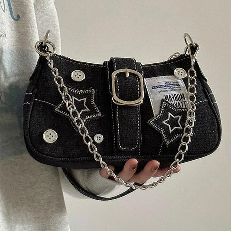 Y2k Sterne Muster Mode Damen handtaschen coole Mädchen Achsel Tasche Mode Leinwand weibliche kleine Umhängetaschen Kette Tragetaschen Geldbörsen